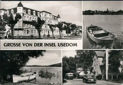 Ansichtskarte Usedom Hotel, Ruderboote am Ufer, Straße mit Autobus 1976