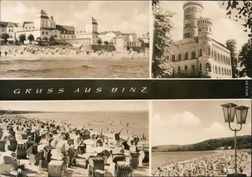 Binz (Rügen) Hotel, Schloss, Strand mit vielen Strandkörben und Badegästen 1971