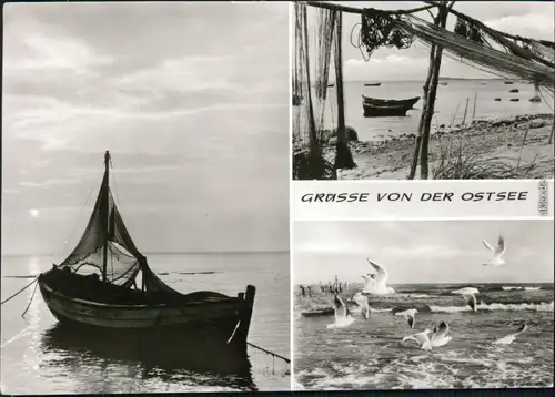 Mecklenburg Vorpommern Fischerboot am Morgen, Fischernetze und Möwen 1981