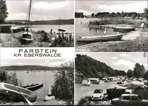 Ansichtskarte Parsteinsee Uferbereich mit Booten und Zeltplatz 1981