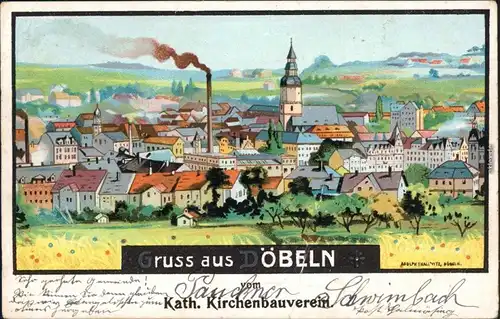 Döbeln Panoramablick großen Schornstein in der Mitte(Zeichnung) 1907