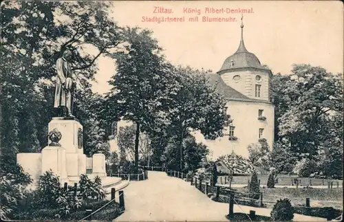 Zittau Stadtgärtnerei mit König Albert-Denkmal und Blumenuhr 1915