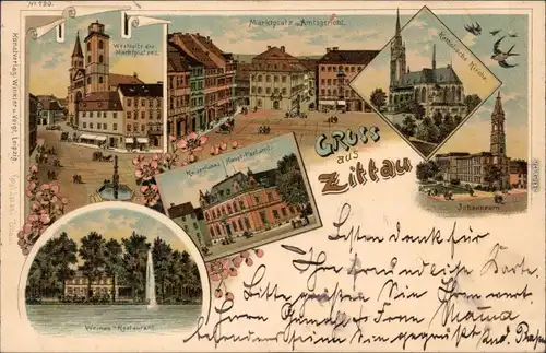 Ansichtskarte Marktplatz mit Amtsgericht, Kath. Kirche, Weinau-Restaurant