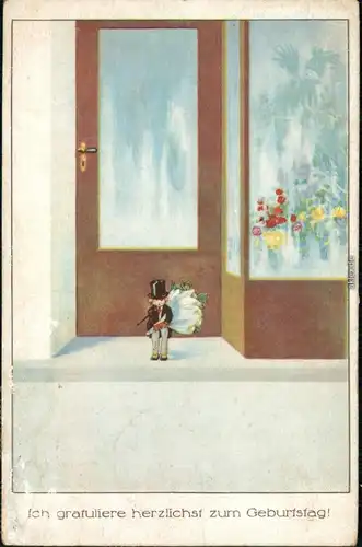  Glückwunsch - Geburtstag mit Kleinen Mann mit Blumenstrauß 1923