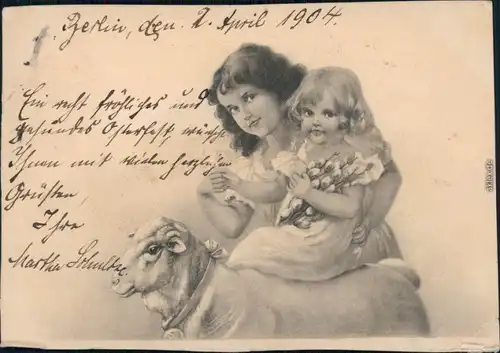 Ansichtskarte  Glückwunsch - Geburtstag - Frau mit Kind und Lamm 1904