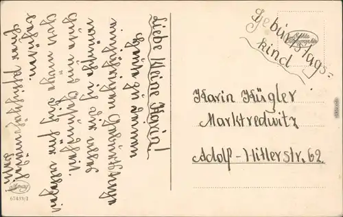  Glückwunsch - Geburtstag - Kind mit Blumenstrauß und Hunden 1930