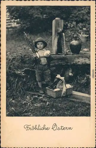 Ansichtskarte Glückwunsch: Ostern-Kind mit Hut Osterkörbchen Brunnen 1932