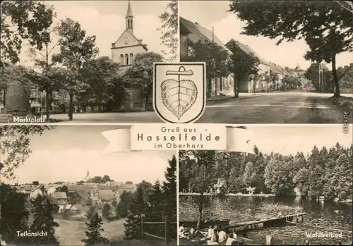 Hasselfelde Marktplatz mit Kirche, Dorfstraße, Teilansicht, Waldfreibad 1967