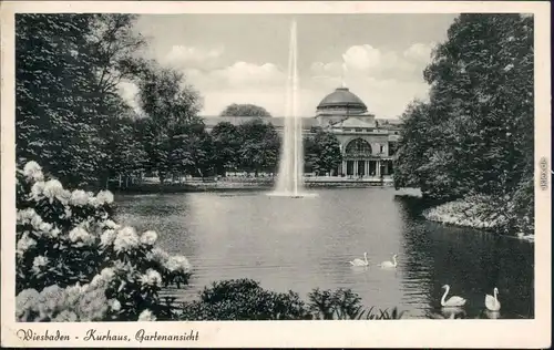 Ansichtskarte Wiesbaden Kurhaus - Teich und Fontäne 1955