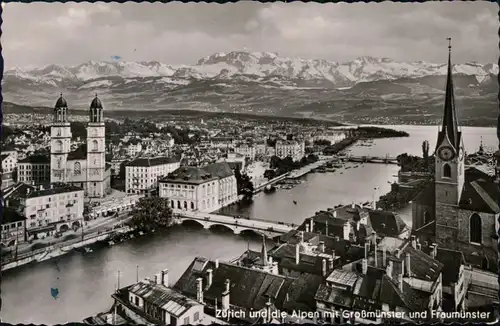 Zürich Panorama-Ansicht mit Großmünster und Frauenmünster und Alpen 1983