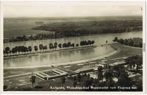 Ansichtskarte Karlsruhe Luftbild Rheinstrandbad Rappenwört 1929 