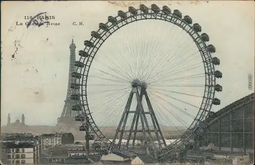 Ansichtskarte Paris Riesenrad, Halle dahinter der Eiffelturm 1906 