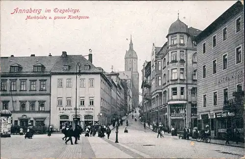 Ansichtskarte Annaberg-Buchholz Marktplatz und Kirchgasse 1914 
