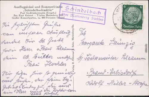 Ansichtskarte Marienberg im Erzgebirge Gasthaus Schindelbachmühle 1934 