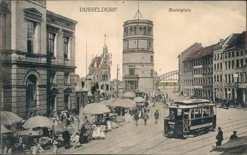 Ansichtskarte Düsseldorf Marktplatz, Markttreiben - Straßenbahn 1918 