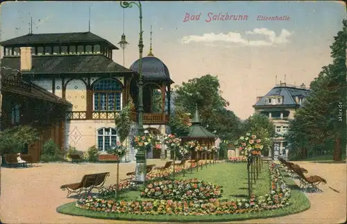 Ansichtskarte Bad Salzbrunn Szczawno-Zdrój Straßenpartie Elisenhalle 1928 