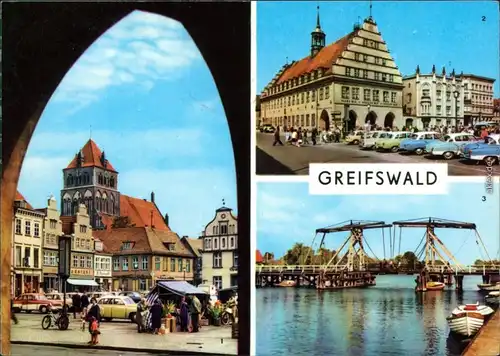 Ansichtskarte Greifswald Platz der Freundschaft, Rathaus, Wiecker Brücke 1976