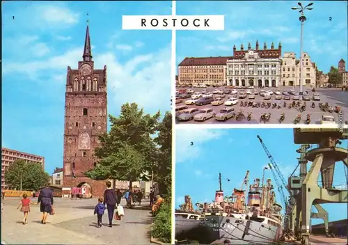 Ansichtskarte Rostock Kröpeliner Tor, Rathaus, Überseehafen 1976