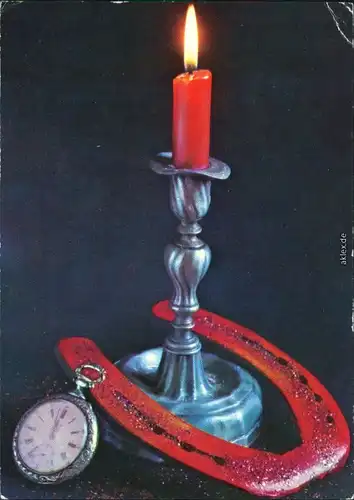 Ansichtskarte  Neujahr - Kerze, Taschenuhr und Hufeisen 1978