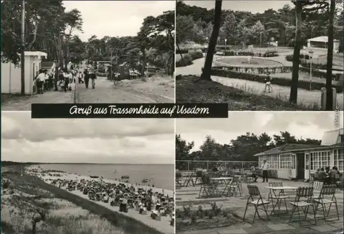 Ansichtskarte Trassenheide Ortsmotive, Parkanlage, Strand, Gaststätte 1973