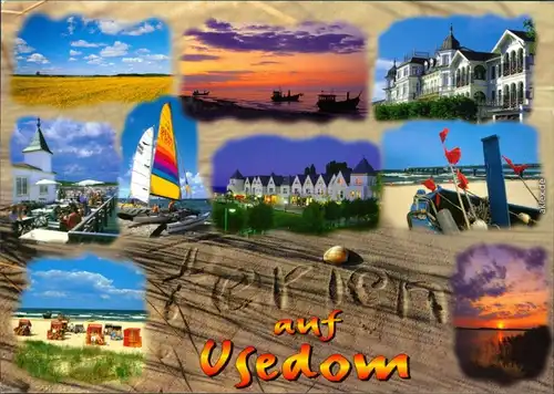 Ansichtskarte Usedom Wiesen, Strände, Segelboote, Hotels uvm. 2002