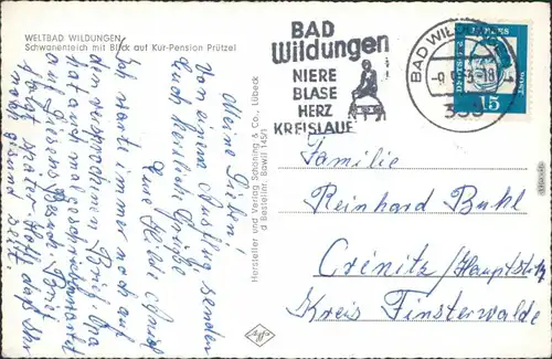 Ansichtskarte Bad Wildungen Schwanenteich mit Kur-Pension Prützel 1963