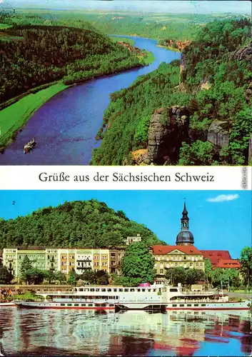 Bad Schandau Blick von der Basteiaussicht, Schaufelradschiff Wilhelm Pieck 1984