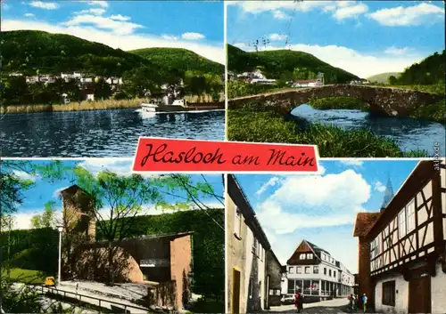 Ansichtskarte Hasloch Main mit Kahn, Brücke, Ortsmotiv 1982