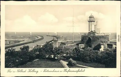 Ansichtskarte Kolberg Kołobrzeg Lotsenhaus - Hafenausfahrt 1932 
