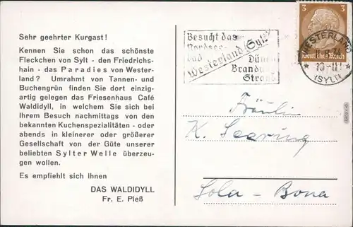 Westerland Gemeinde Sylt Partie am Cafe Waldidyll im Friedrichshain 1934