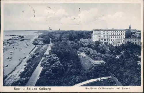 Ansichtskarte Kolberg Kołobrzeg Kauffmannskuranstalt mit Strand 1922 