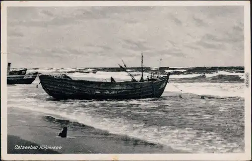 Ansichtskarte Kölpinsee (Usedom)-Loddin Strand und Fischerboot 1954