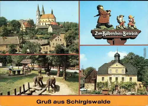 Schirgiswalde-Kirschau Teilansicht mit Kirche,   Postamt, Spielplatz 1989