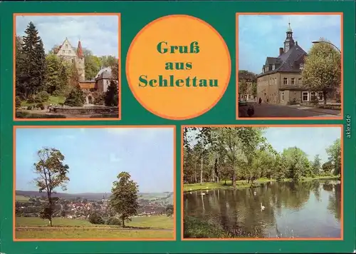 Ansichtskarte Schlettau Schloß, Rathaus, Übersicht und Rosenparkteich 1986