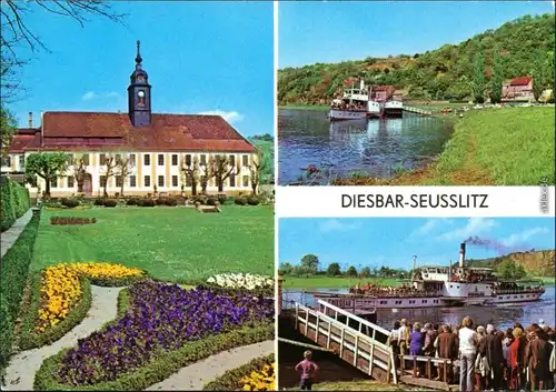 Diesbar (Elbe)-Nünchritz (Elbe) Rathaus, Fähre, Bootsanlegestelle 1980