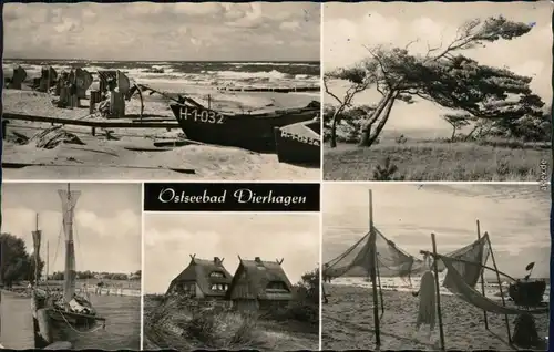 Dierhagen Strand mit Booten Fischerboote, Fachwerkhäuser   Fischernetze 1967