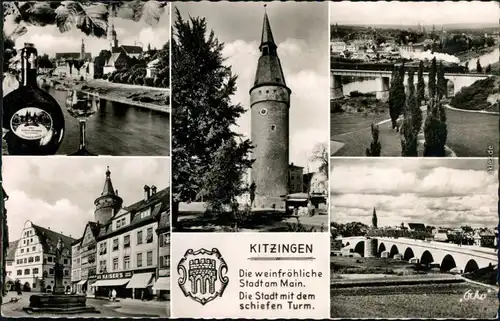 Ansichtskarte Kitzingen Kirche, Turm, Überblick, Brunnen, Brücke 1965