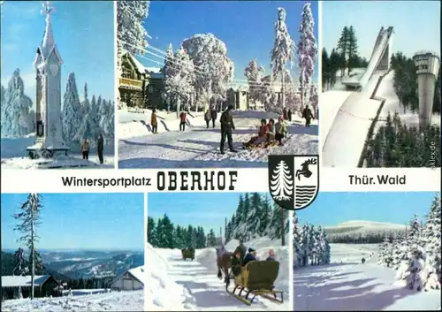 Ansichtskarte Oberhof (Thüringen) Ortsmotive, Schanze, Kutsche Skipiste 1968