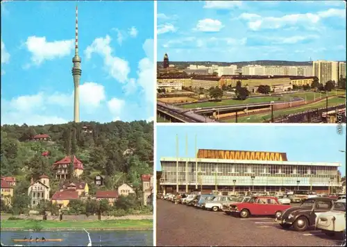 Dresden Fernsehturm Wachwitz, Stadtblick, Kulturpalast mit Autos 1978