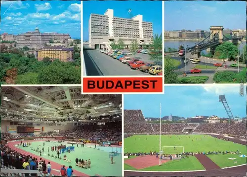 Budapest Überblick, Hotel mit Pakplatz, Brücke, Stadionhalle, Stadion 1972