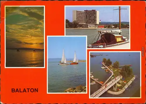 Ansichtskarte Balatonfüred Dämmerung, Hotels, Segelboote, Insel 1990