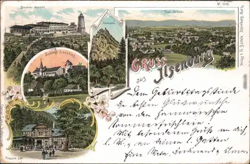 Ilsenburg (Harz) Prinzess Ilse, Brocken, Schloß und Stadt - Litho 1898 