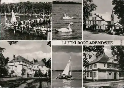 Arendsee (Altmark) Bootssteg viele Zuschauern, Schwäne, Kirche, Segelboot 1971