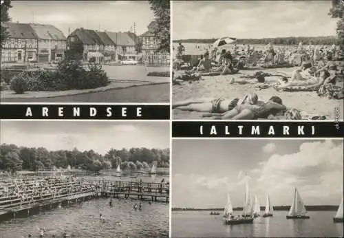 Arendsee (Altmark) Markt, Strand mit Badegästen, Schwimmbereich Segelboote 1971