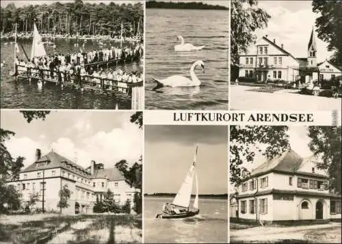 Arendsee (Altmark) Bootssteg, Schwäne, Kirche, Ortsmotiv, Segelboot 1971