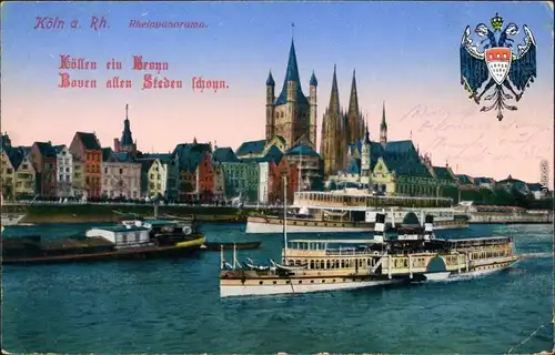 Köln Coellen | Cöln Rheinpanorama mit Dampfer und Kölner Dom 1914