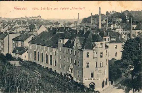 Meißen Hotel Ball-Säle und Variété Alberthof mit Fabrikschornsteine   1912