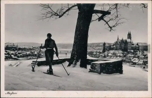 Ansichtskarte Meißen Panorama-Ansicht mit Skifahrer 1946