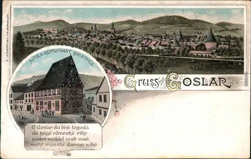 Litho Ansichtskarte Goslar Panorama-Ansicht und Hotel Restaurant Brusttuch 1896