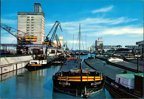 Ansichtskarte Stuttgart Neckarhafen mit Frachtkähne - Beladung/Entladung 1969